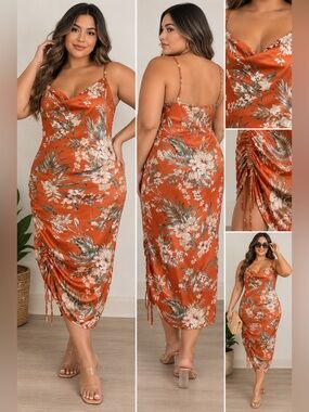 Simplee Plus 4XL Orange Floral Satin Slip Midi Dress Cowl Neck Ruched Side NWT